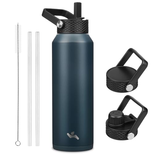Image of Konokyo 40oz Insulated Stainless Steel Water Bottle with 3 Lids, Leakproof BPA-Free Bottle with Straw Lid, Sip Lid and Flex Cap for Gym, Travel, School, Office, Navy Blue