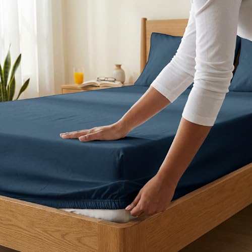 Image of Blue Dahlia 100% Cotton, King Size /Double, Elastic Fitted Bedsheet (72 inchx78 inch) + 2 Pillow Covers, Percale Weave, Fits Upto 10 inch Mattress, 200TC Solid Premium Bedsheet, Colour: Navy Blue