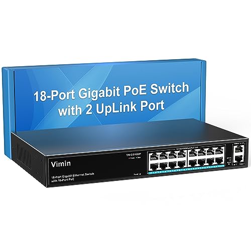 VIMIN 16 Port Gigabit PoE Switch with 2 Uplink Gigabit Ports, 18 Port Unmanaged Ethernet PoE Switch with 250W Power, Support IEEE802.3af/at, VLAN, Metal Housing, 19 inch Rack-Mount, Plug & Play