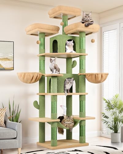 Image of Globlazer Big Cactus Cat Tower for Indoor Cats, 80inch Cat Tower for Multiple Adult Cats XXL Cat Tree with Scratching Post, Hammock, 3 Perches, 2 Condos, 2 Hanging Basket, F80, Green