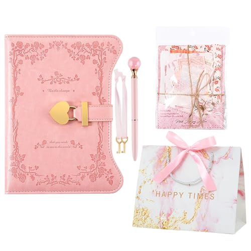 ELECTRO-WEIDEWORLD 鍵付きノート セット 日記帳 鍵付き 日記 B6 詰め替え可能 横罫 小学生 日記 鍵付き日記帳 ジャーナル diary PUレザー ラッピング袋付き 小学生 秘密 交換日記 プレゼント 誕生日 文房具 (ピンク)