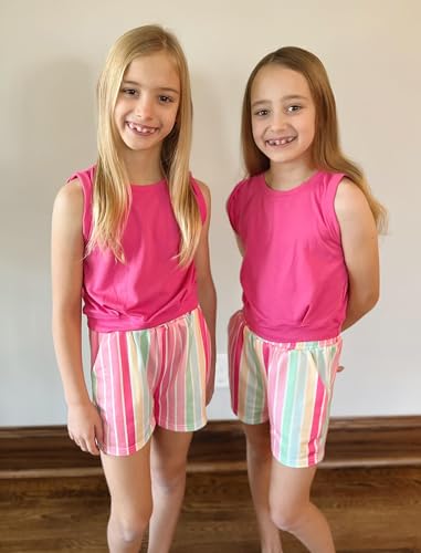 Image of Arshiner Girls 2 Piece Short Sets Sleeveless Tops and Shorts with Pockets | Round Neck Waist Elastic Sport Clothing Outfits Perfect for Spring Summer