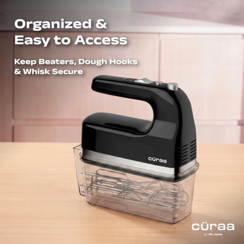 Image of Curaa Hand Mixer 300 Watts for Baking | 5 Speed Control with Turbo Mode | Electric Egg Beater with Whisk & Dough Hooks | Handheld Mixer for Cake, Cream, Dough, Buttermilk & Whipping | Black