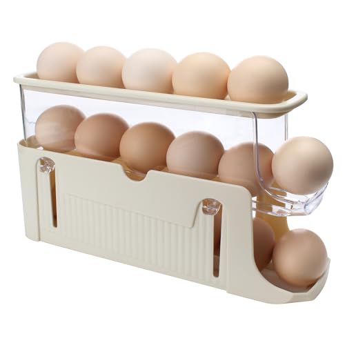 OKVGO Egg Holder for Refrigerator, Automatically Rolling 3 Tier Egg Dispenser Storage Tray Container Rack for Kitchen Fridge Countertop (Beige)