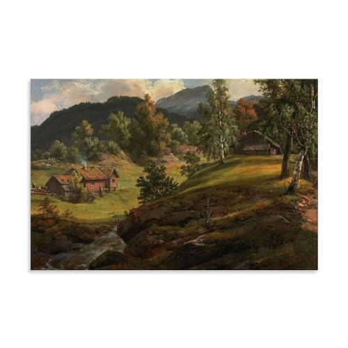 Paysage montagne et maisons rustiques pour salon chaleureux J.C. Dahl