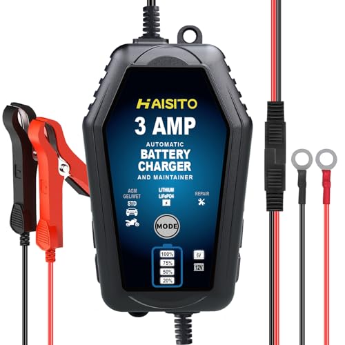 Haisito Chargeur de batterie de voiture 3 A, 6 V et 12 V, intelligent, entièrement automatique, pour batteries de voiture, moto, marine, lithium, plomb-acide et lithium-fer phosphate