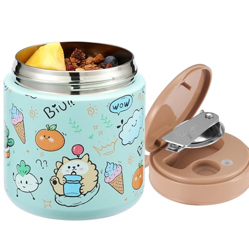 Image of 15.2 oz Kids Thermo Food Jar for Hot Food Soup with Spoon, Ice Cream Blue | Vacuum-insulated, leakproof wide mouth, 316 stainless steel interior, silicone handle, dishwasher-safe school lunch container