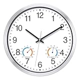 KIZLOC 30 cm Outdoor Uhr Garten Wasserfest mit Thermometer und Hygrometer, Gartenuhr Außen Wetterfest, Lautlose Batteriebetriebene Groß Wanduhr für Draußen Badezimmer Zuhause (Weiß)