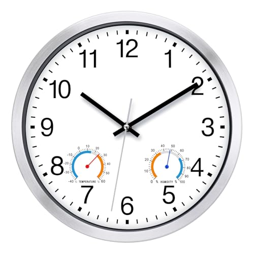KIZLOC 30 cm Outdoor Uhr Garten Wasserfest mit Thermometer und Hygrometer, Gartenuhr Außen Wetterfest, Lautlose Batteriebetriebene Groß Wanduhr für Draußen Badezimmer Zuhause (Weiß)