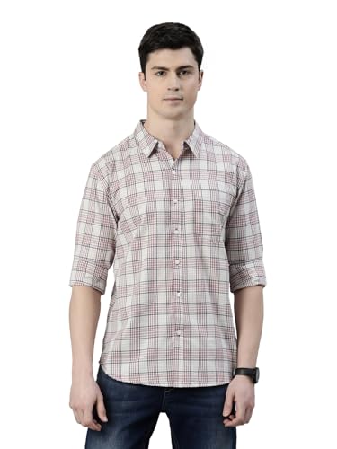 Image of JOVEN Men Slim Fit Pure Cotton Brown and Dark Green Casual Checked Shirt