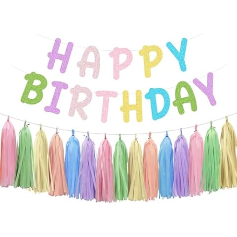 Aonor Macaron Happy Birthday Decorations - Pre-Strung Macaron Happy Birthday Banner and Tassel Garland for Pastel Rainbow Birthday Party Decorations Cover