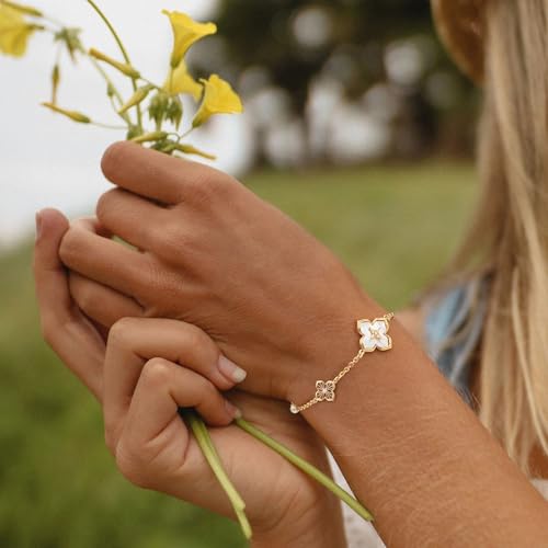 MYEARS Women Bracelet Gold Clover Flower Bead Sideways Charm Cubic Zirconia 14K Dainty Simple Thick Chain Everyday Trendy Lucky Jewelry3