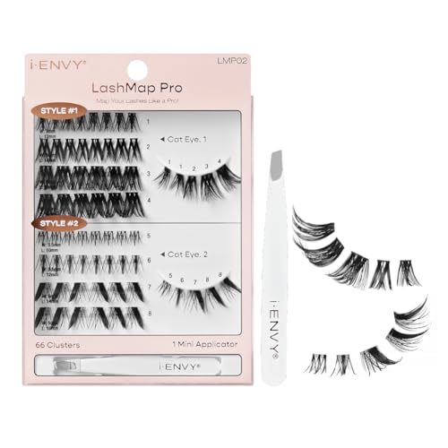 i-ENVY LashMap Pro, Lash Cluster Kit With Mini Tweezer Applicator (Cat Eye), 12MM-16MM 66Pcs DIY Cluster Eyelash Extension in 2 Pre-Mapped Styles, Beginner Friendly Individual Wispy False Lashes