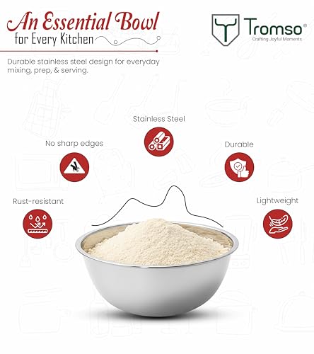 Image of Tromso Stainless Steel Mixing Bowl Set for Kitchen 2500ml 3600ml 6300ml Set of 3 Deep Food Grade Steel Bowls for Mixing Kneading Marinating Serving Large Kitchen Bowl Set Silver
