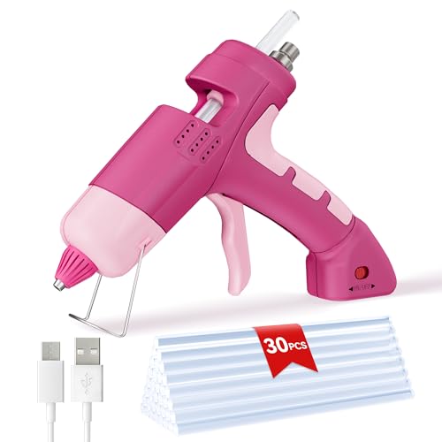 Hot Glue Gun with 30 Glue Sticks,20W Rechargeable Pink Hot