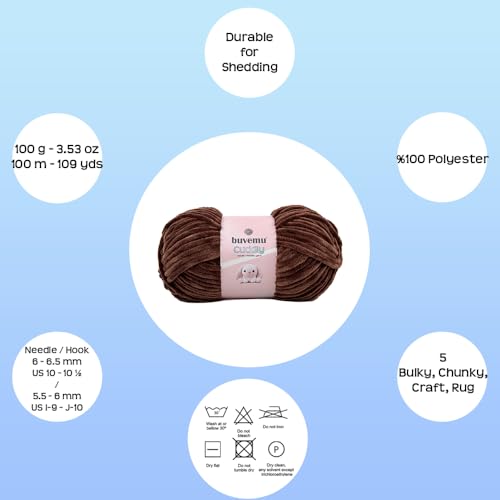 Image of Cuddly Velvet Chenille Yarn, Super Soft Fluffy Bulky for Knitting Crocheting Crafting Blanket Amigurumi, Durable for Shedding, 100 Gram (3.53 Ounces) 109 Yards (100 Meters) (Chocolate Brown)