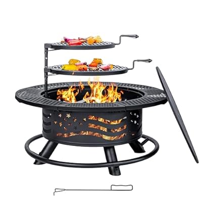 36 Inch Fire Pit with 2 Cooking Grate, Outdoor Wood Burning BBQ Grill Firepit Bowl with Cover Lid, Steel Round Table for Backyard Bonfire Patio Picnic (Black, 36IN)