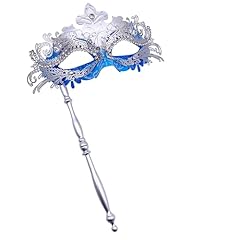 Masquerade Mask With Stick Blue+sliver