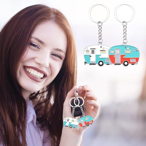 Image of Thinp 2 Pieces Camper Keychain, RV Camper Keyring Accessories for Travel Trailers Enameled Metal Retro Camping Car Keychain