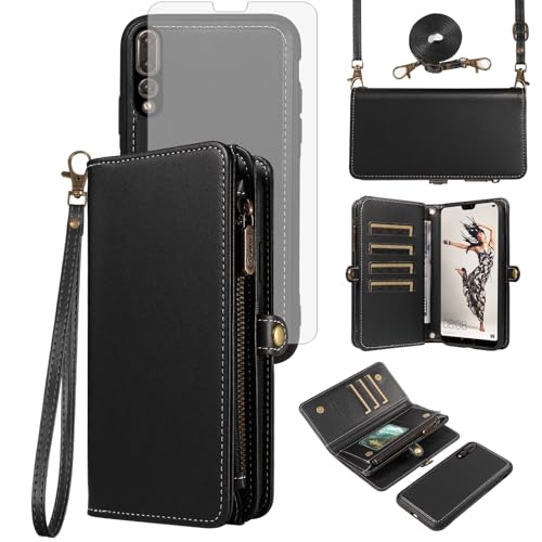 Coque Huawei P20 Pro portefeuille Asuwish en cuir noir avec protège-écran et cordon