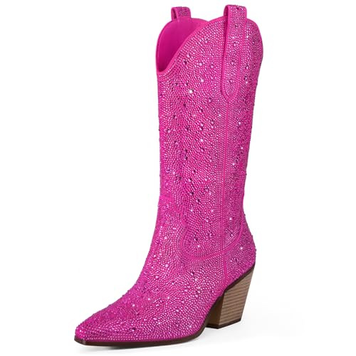 Best Cowboy Boots in Houston: Find Your Perfect Pair! 13 MUCCCUTE Women's Rhinestone Mid Calf Boots Sparkly Block Heel Cowboy Boots Glitter Boots Pink Size 10.5