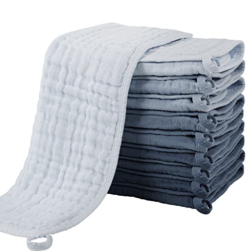 Image of Yoofoss Muslin Burp Cloths for Baby 10 Pack 100% Cotton Baby Washcloths for Boys Girls Large 20''X10'' Super Soft and Absorbent Gradient Blue
