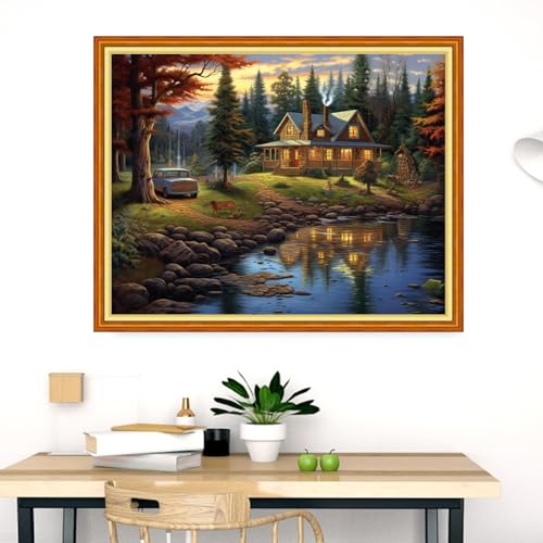 Image of Dooxvey Cross Stitch Kits for Adults Stamped Full Range of Embroidery Starter Kits for Beginners 11CT Printed Cross Stitch Patterns Needlepoint Kits Stamped Crossstitch-Forest Cabin 16x20 inch