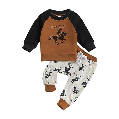 Toddler Kids Boys Long Sleeve Cowboy Letter Printing Color Block Crewneck Sweater Tops Lace Up Pants Outfits