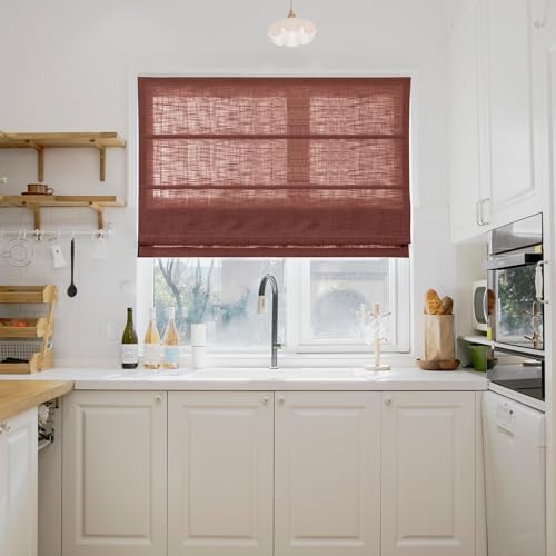 Image of TWOPAGES Liz No Drill Cordless Roman Shades Linen Textured Roman Blinds for Windows, Custom Made Room Darkening Blackout Roman Window Shades, Hardware Included, FireBrick, 1 Piece