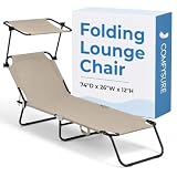 Folding Outdoor Lounge Chair with Canopy - Portable & Adjustable Beach Lounge Chair - 5-Positions, Carry Handles, 600D Fabric, 220 lbs Capacity – Tanning Chaise Lounge for Beach, Patio (1, Beige)