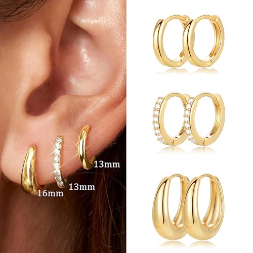 9 Pairs Small Gold/Silver Hoop Huggie Earrings Set for Women, 14K Gold Plated Chunky Hoop Small Earring Hypoallergenic Thick Open Lightweight Chunky Hoop Earrings Jewelry for Gifts