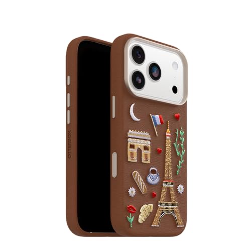 Image of OtterBox iPhone 17 Pro Symmetry Series Cactus Leather Embroidery Case - City of Love - Brown - Textured, Embroidered Paris Artistic iPhone Case