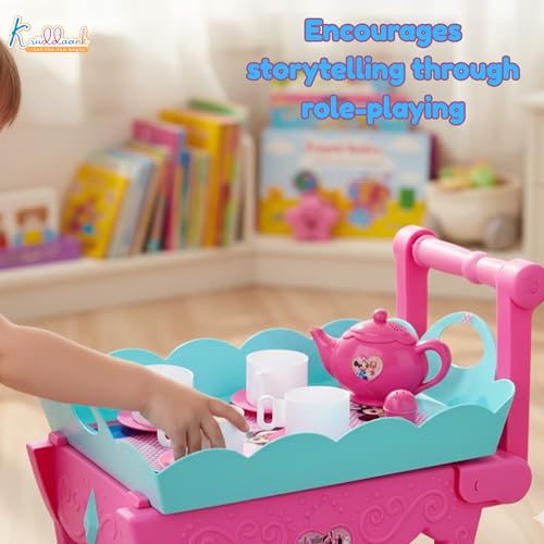 Image of Minnie Tea Trolley Set for Kids - 32 Pcs Pretend Play Tea Party Toy with Electronic Kettle, Lights & Music - Battery Operated Educational Kitchen Set, Pink, Gift for Girls Age 3+
