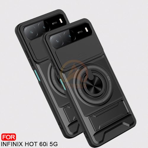 Image of Infinix Hot 60i 5G / Spark Go 5G Back Cover | Armor Camera Slider 360 Degree Rotating Finger Ring Holder Case with Bracket Stand Back Case Cover (Compatible with MagSafe Accessories) (Black)