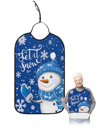 Adult Bibs for Elderly Women - Blue Snowman Christmas Waterproof Dining Clothing Protectors with Crumb Catcher for Eating/Feeding, Xmas Winter Snowflake Let Snow Terry Cloth Bib Machine Washable