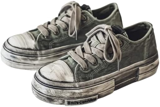 Men's Vintage Style Street-Inspired Canvas Skate Shoes - Distressed Solid Color Lace-Up Low Top Sneakers for Casual, Daily Wear - All-Season Rubber Sole Skateboarding Shoes with Round Toe