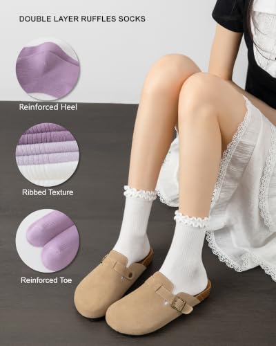 Image of DQCUTE Women's Ruffled Ankle Boot Socks - Soft Knit Cotton Lettuce Trim Crew Socks for Teen Women 6 Pairs