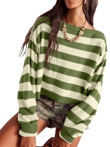 Image of Womens Striped Crop Sweater Oversized Boat Neck Ribbed Sweater Long Sleeve Lightweight Pullover Loose Knit Tops