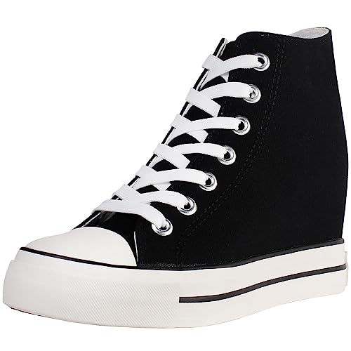 wealsex Sneakers Compensées Cachées Montante Femme Basket Toile Chaussure (Noir,39)