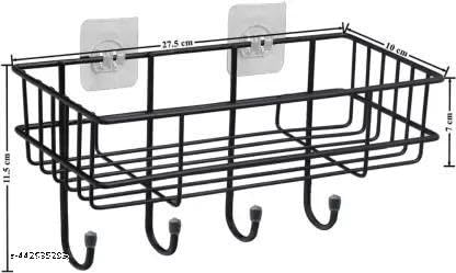 (Pack of 2) Steel Self-Adhesive Multipurpose Bathroom Shelf with Hooks/Towel Holder/Rack/Bathroom Accessories-Wall Mount - Pack of 2 (Black,Powder Coated)|BHR-P894 2