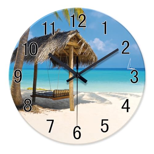 Image of XFM Tropical Beach Wall Clock Battery Operated 12 Inch | Silent Non-Ticking Battery Operated Blue Coastal Modern Decorative for Living Room Kitchen Bedroom Office