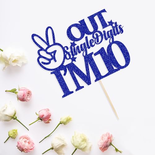 VQOUZVSR Out Single Digits I'm 10 - Decoración para tartas de cumpleaños número 10 con purpurina azul para niños y niñas