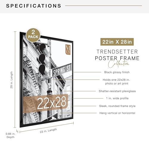 MCS Trendsetter 22x28 Poster Frame Black High-Gloss, Vertical & Horizontal Wall Hanging Large Picture Frame for Photos, Posters & Art Prints (2-Pack)