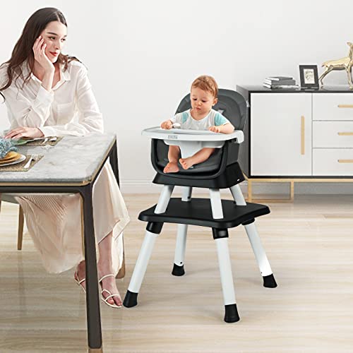 Image of Kinder King 8 in 1 Baby High Chair, Coverts to Dining Booster Seat/Kids Table & Chair Set/Toddler Building Block Table/Kids Stool, Removable Tray, Dark Grey