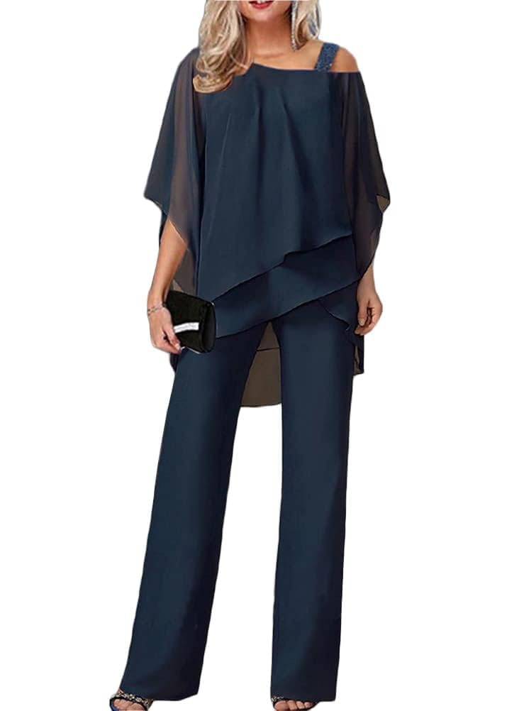Generisch Ensemble 2 pièces élégant et vintage pour femme - Avec tulle - Ensemble de soirée 2 pièces - T-shirt en mousseline et taille haute - Pour cocktail - Pantalon festif - Élégant - 2 pièces