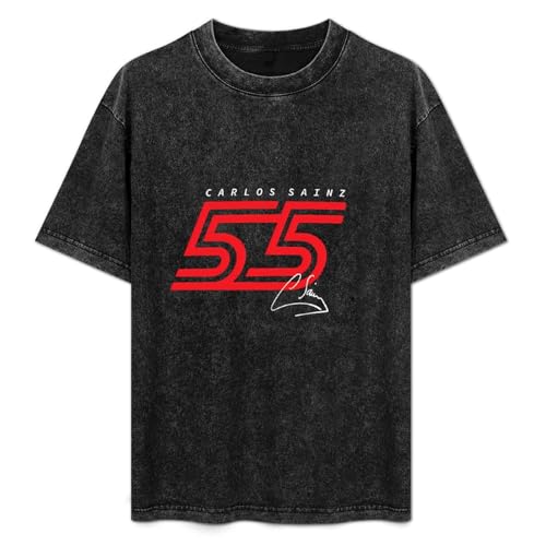Retro Washed Fashion T Shirt for Men Women Carlos Sainz 55 Antique Wash Unisex T-Shirts Black L