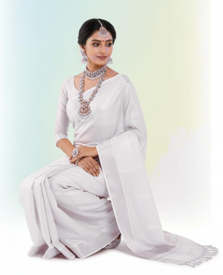 Image of Women's Kerala Tissue Plain Saree with Running Blouse| Onam & Vishu Kani Special | Traditional Kasavu White Colour