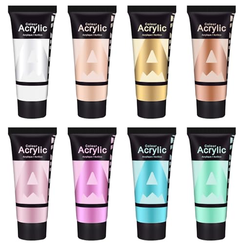 AUREUO Metallic Acrylic Paint Set - 8 Pearlescent Colors 0.71 Fl Oz / 21ml Tubes Shinning Art Paints for Crafts Decor Rich Pigments Non-toxic Painting Supplies for Artists