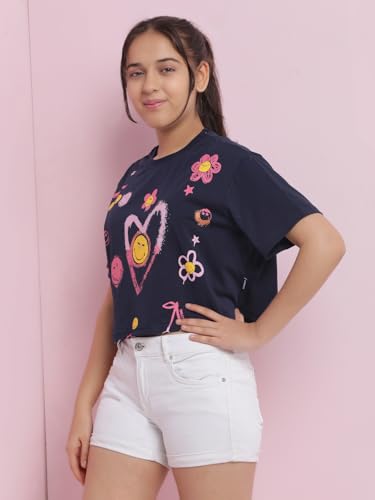 Image of Li'l Tomatoes Girls Crop T-Shirt | 100% Cotton | Graphic Printed Summer Top | Soft & Breathable Casual Wear | 7-16 Years