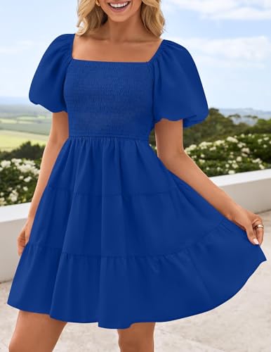 Image of ZESICA Women's Boho 2026 Summer Square Neck Puff Sleeve Off Shoulder Smocked Tiered Casual A Line Short Mini Dress